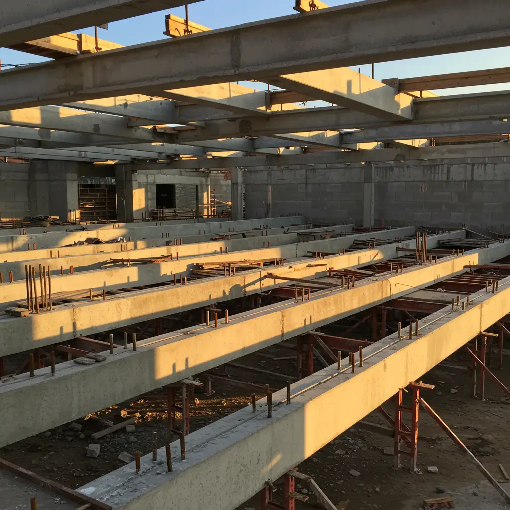 Vue d'ensemble des cinq étapes de pose d'un plancher poutrelles-hourdis avec étais métalliques et poutrelles en béton précontraint