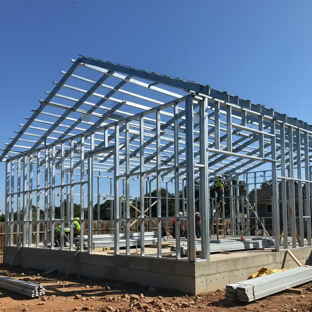 Chantier de maison ossature métallique en cours de montage avec structure acier galvanisé visible