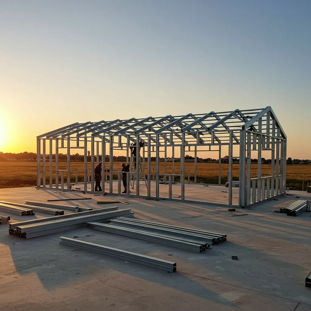 Montage d'un kit maison ossature métallique en autoconstruction avec panneaux et poutres acier prêts à assembler