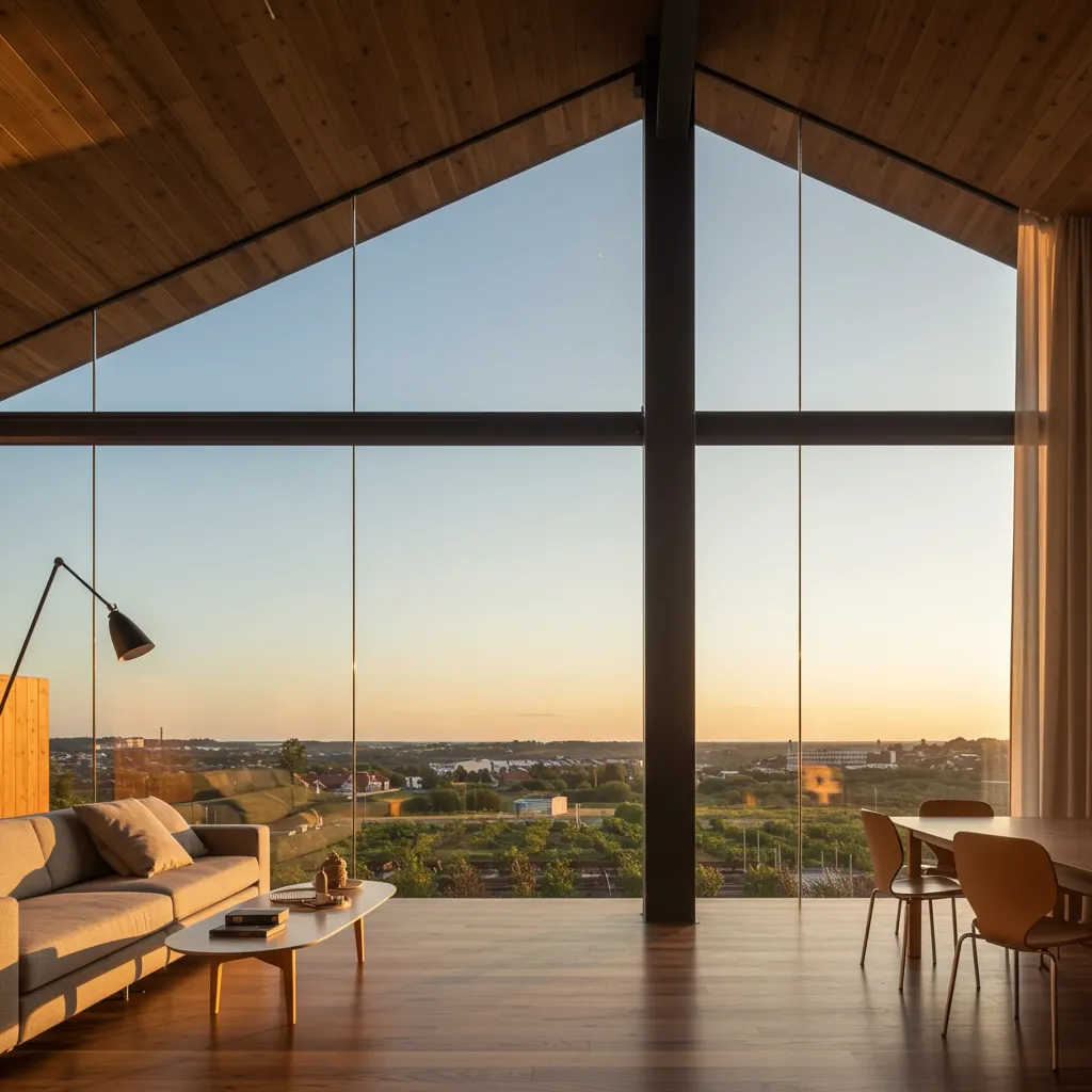 Intérieur lumineux d'une maison ossature métallique avec espace ouvert sans murs porteurs et colonne acier apparente