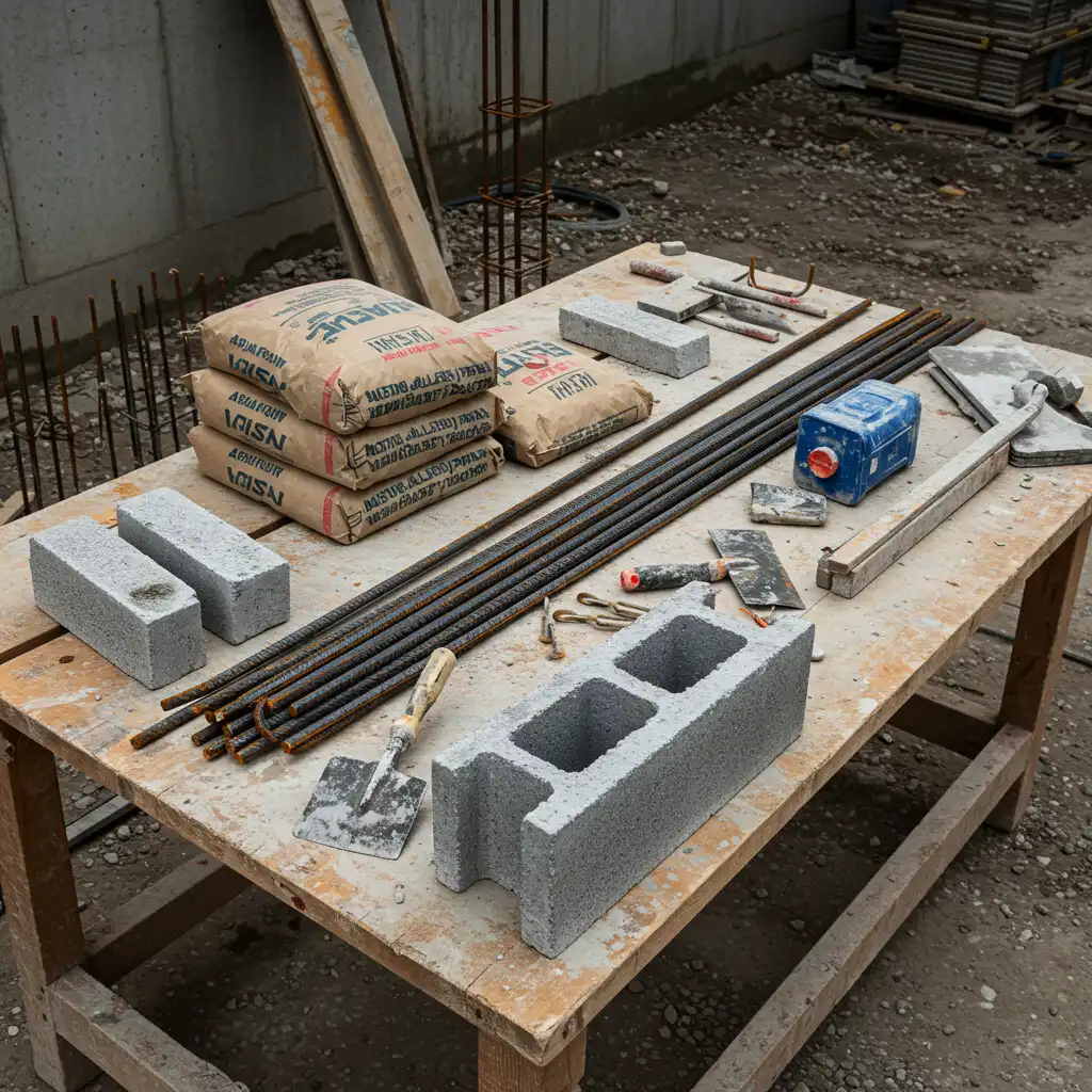 Matériaux de construction pour mur en parpaing : blocs béton, sacs de mortier, ferraillage et outils de maçonnerie