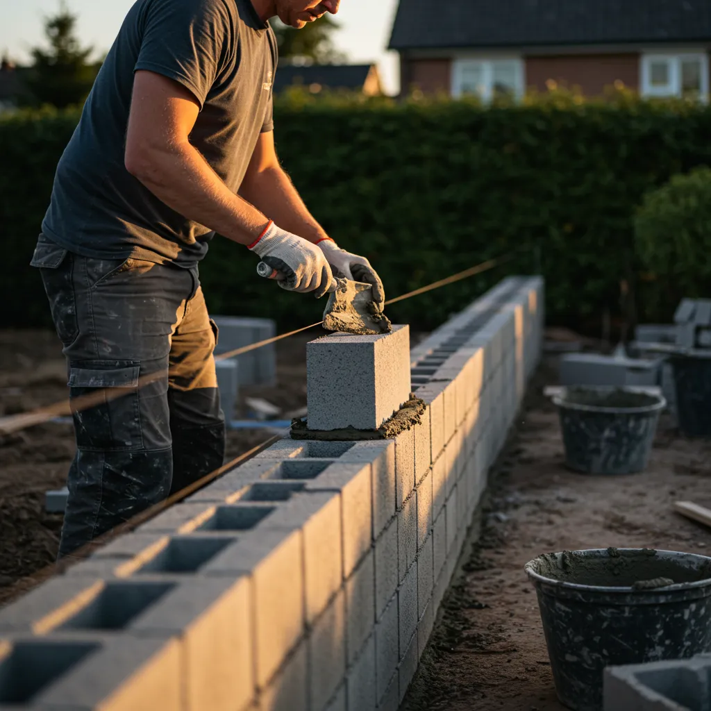 Maçon posant des parpaings sur un chantier de mur de clôture de 45 mètres linéaires en cours de construction