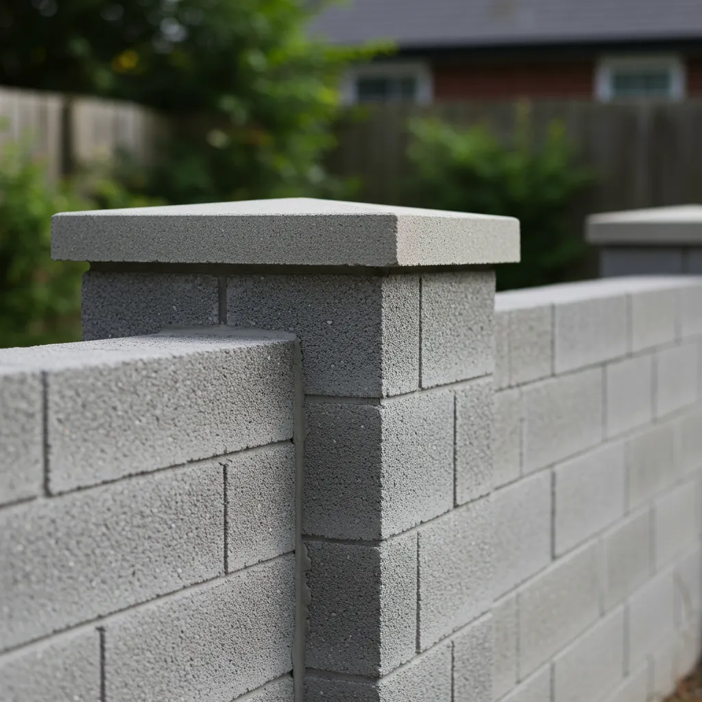 Mur en parpaing terminé avec chaperon en pierre, enduit lisse gris et végétation de jardin en arrière-plan