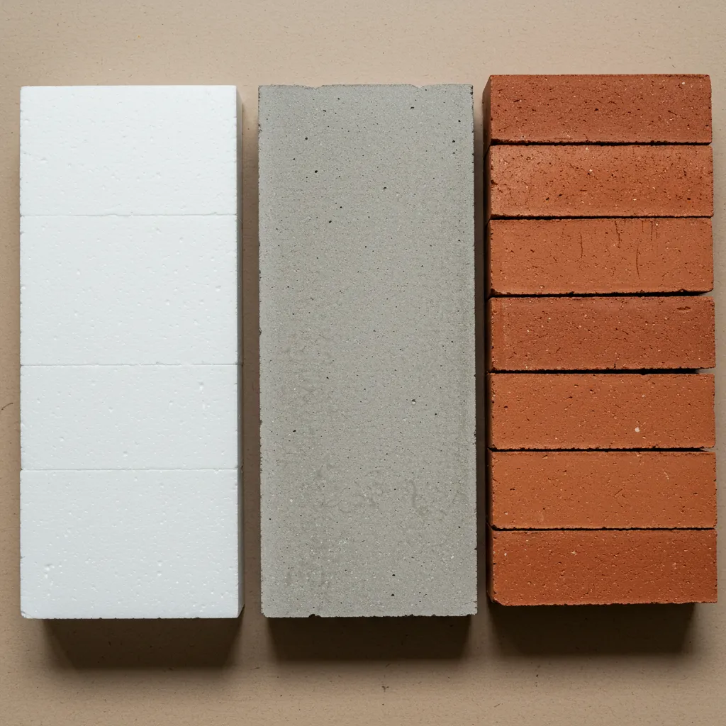 Comparaison visuelle de trois types d'entrevous : polystyrène, béton et brique posés côte à côte