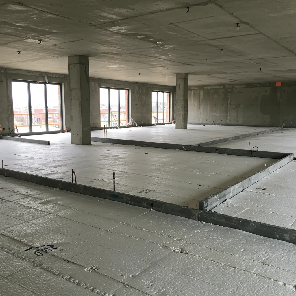 Plancher hourdis polystyrène installé montrant l'intégration des poutrelles et la surface de pose
