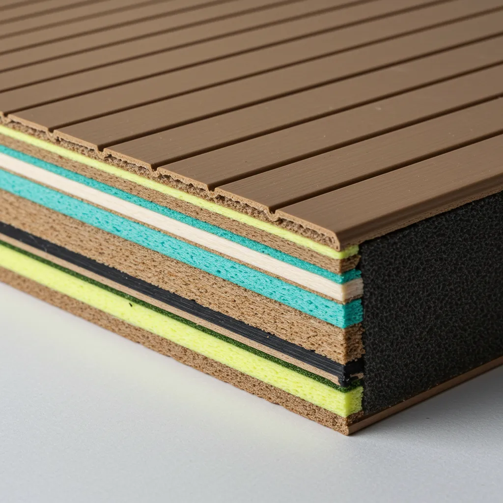 Détail de la structure multicouche des volets composites montrant les différentes couches de matériaux