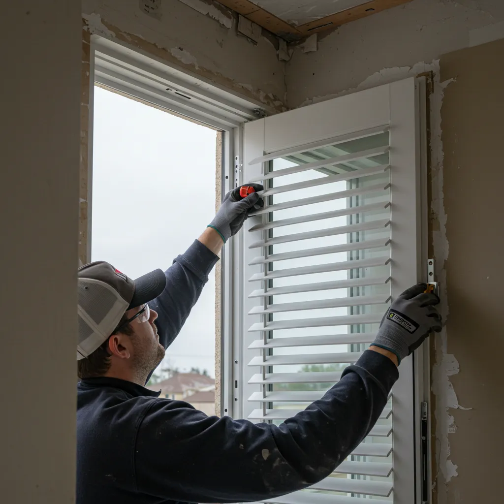Installation professionnelle de volets composites montrant les détails de la pose et du positionnement