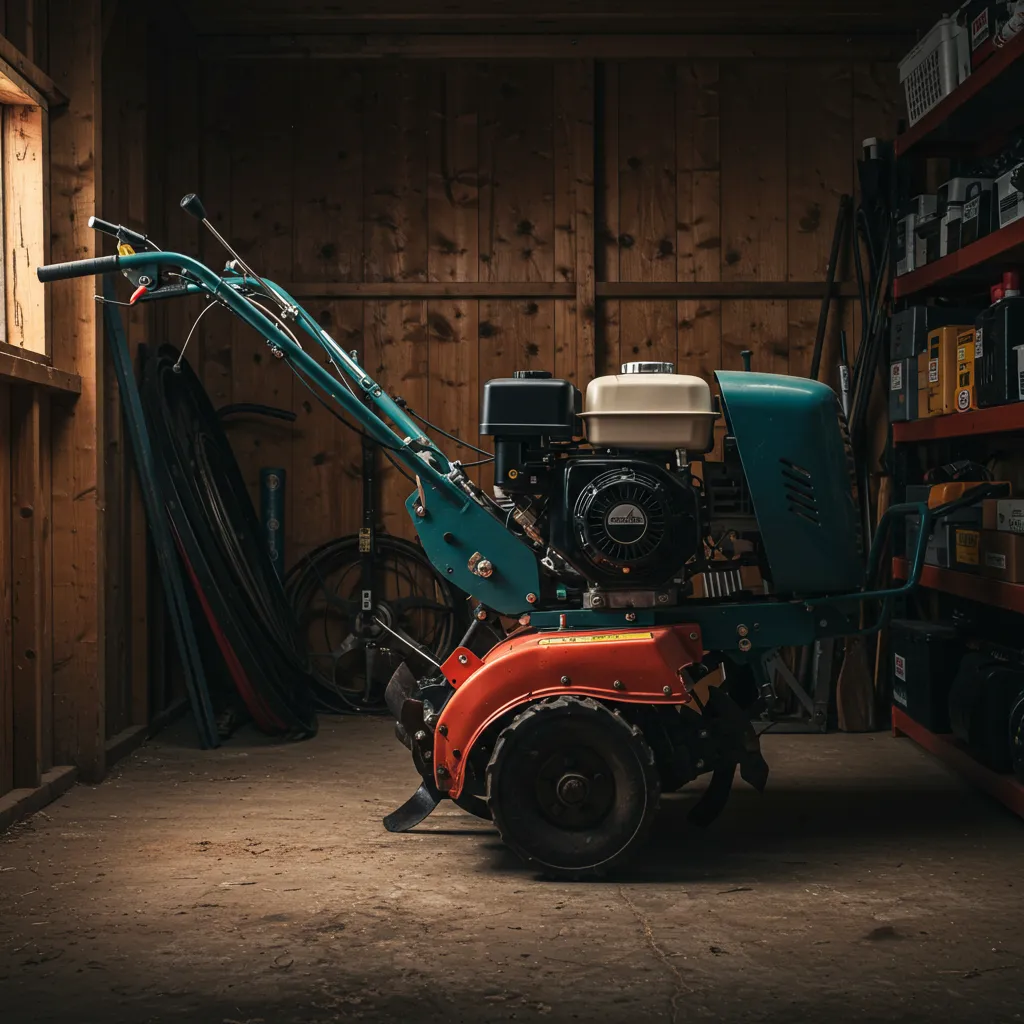 Motobineuse Viking HB 585 rangée dans un garage, montrant l'état général de la machine