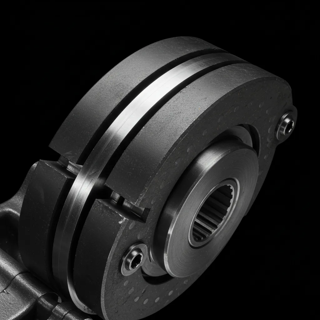 Gros plan du système de transmission par friction montrant le contact entre le galet caoutchouc et le plateau métallique