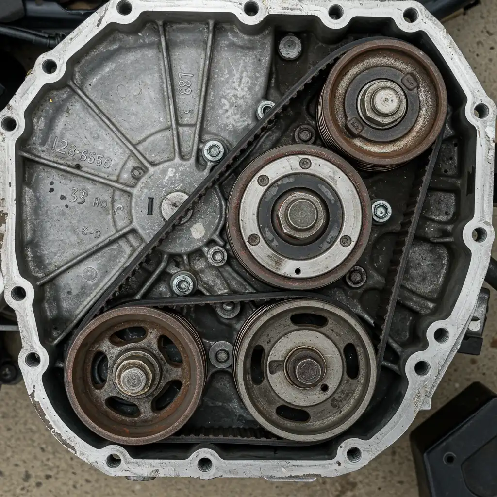 Photographie diagnostique d'une courroie de traction usée et du système de poulies du McCulloch M95-66X