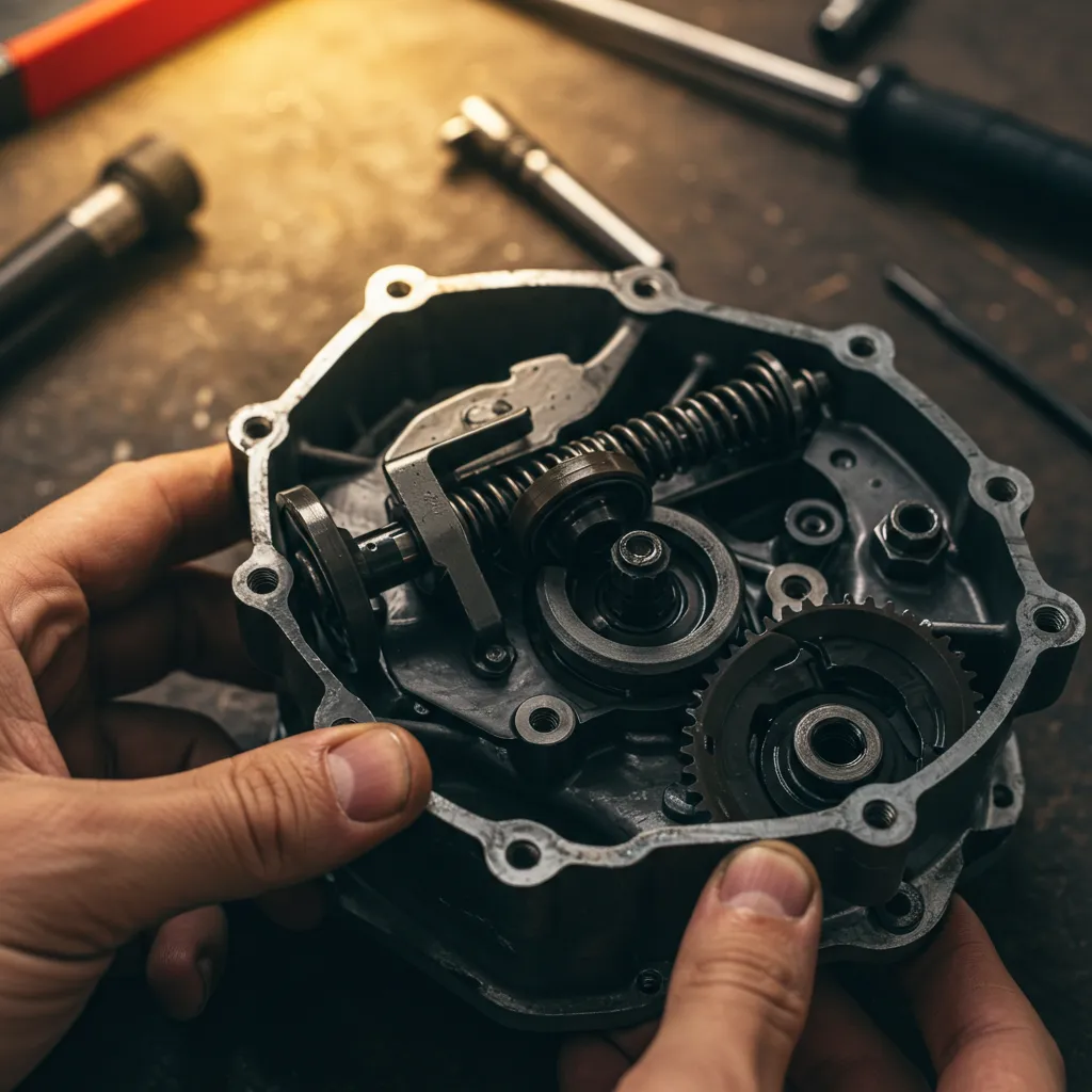 Atelier de réparation montrant le remplacement du galet de friction et du ressort de tension sur une tondeuse