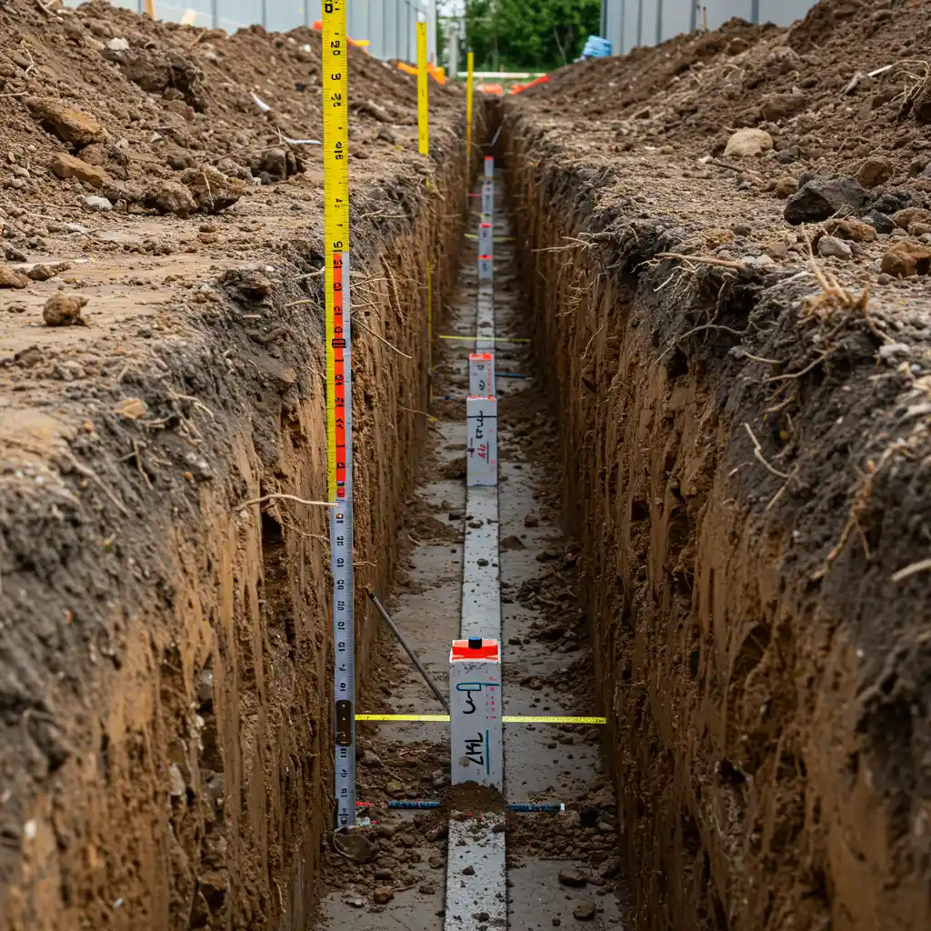 Gros plan sur une tranchée de fondation avec mesure de profondeur et marqueurs de zone hors gel