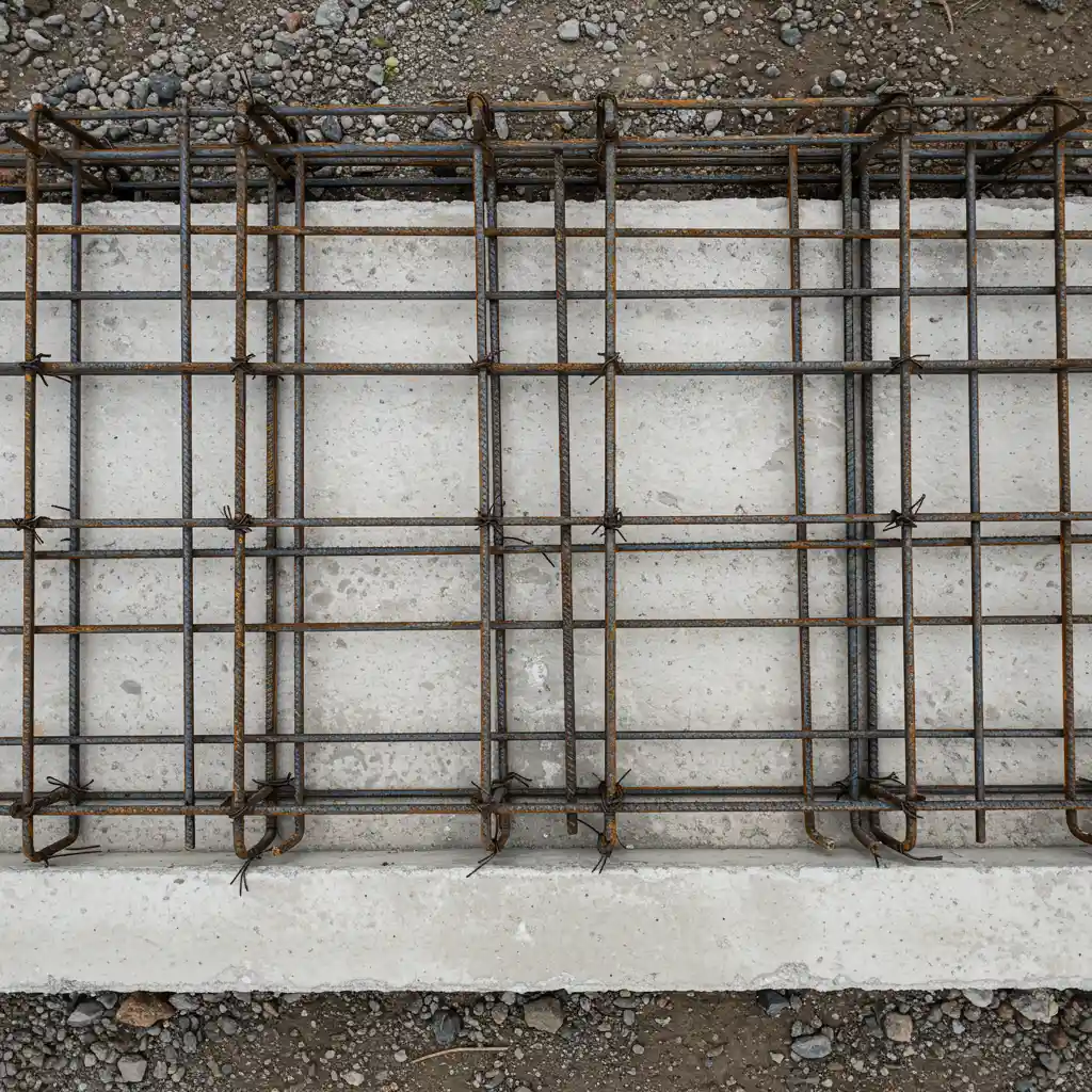 Vue de dessus d'une semelle filante en béton armé avec ferraillage de 6 barres de 8mm et raidisseurs verticaux