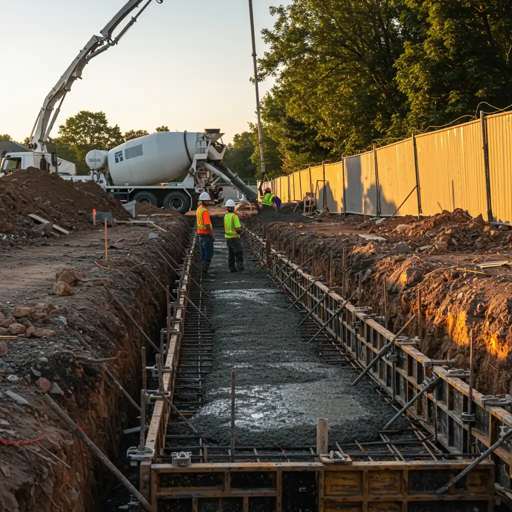 Coulage du béton dans une fondation de mur de clôture avec équipe de construction et engins