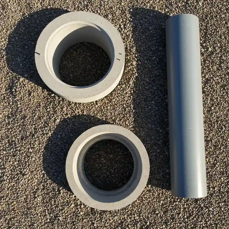 Comparaison des trois matériaux de puisard : béton, PVC et acier disposés côte à côte