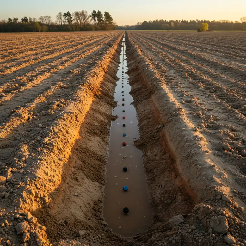 Coupe de terrain montrant les différentes couches de sol argileux et sableux pour test d'infiltration