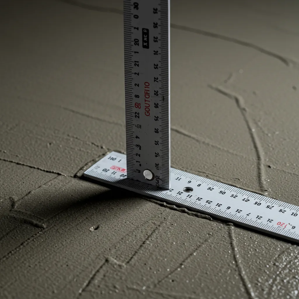 Mesure de l'épaisseur du ragréage avec une règle métallique sur une surface fraîchement appliquée