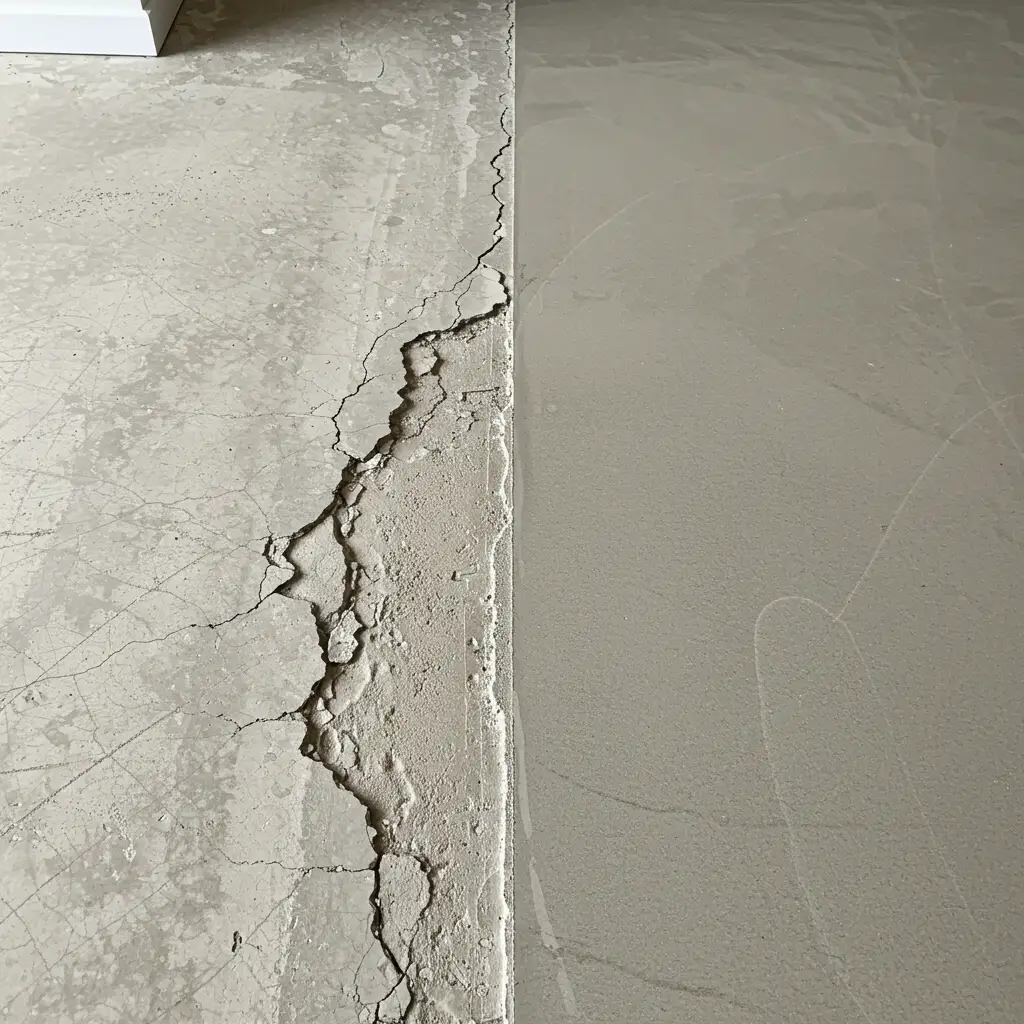 Comparaison avant-après d'un sol endommagé avec fissures et d'une surface nivelée après ragréage