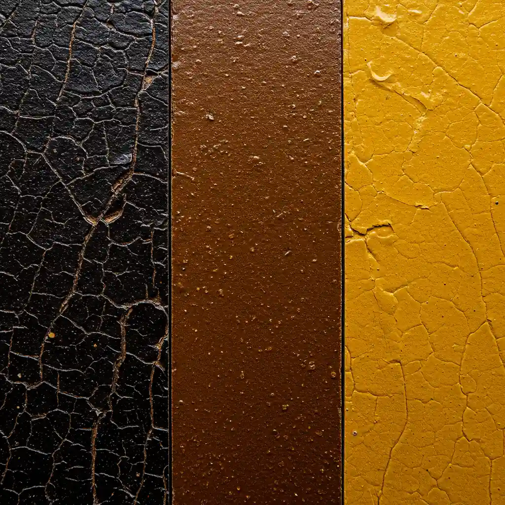 Gros plan comparatif de différentes couleurs de colles amiantées : noire, brun foncé, jaune miel et ocre