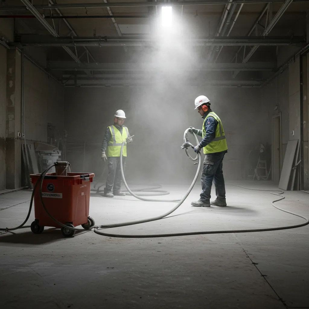 Zone de chantier de rénovation de sol avec équipements de protection et mesures de sécurité pour manipulation de matériaux potentiellement amiantés