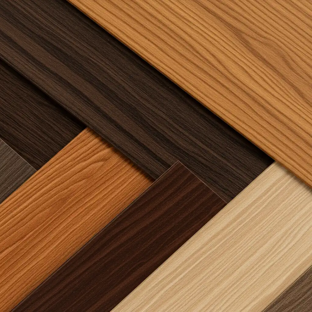 Gros plan comparatif de différents types de lambris : bois brut, bois verni, PVC et MDF