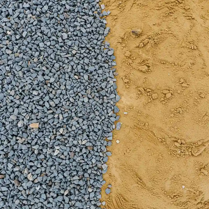 Gros plan sur les matériaux de remblayage : grave non traitée GNT 0/31.5, GNT 0/63 et sable, vus de dessus