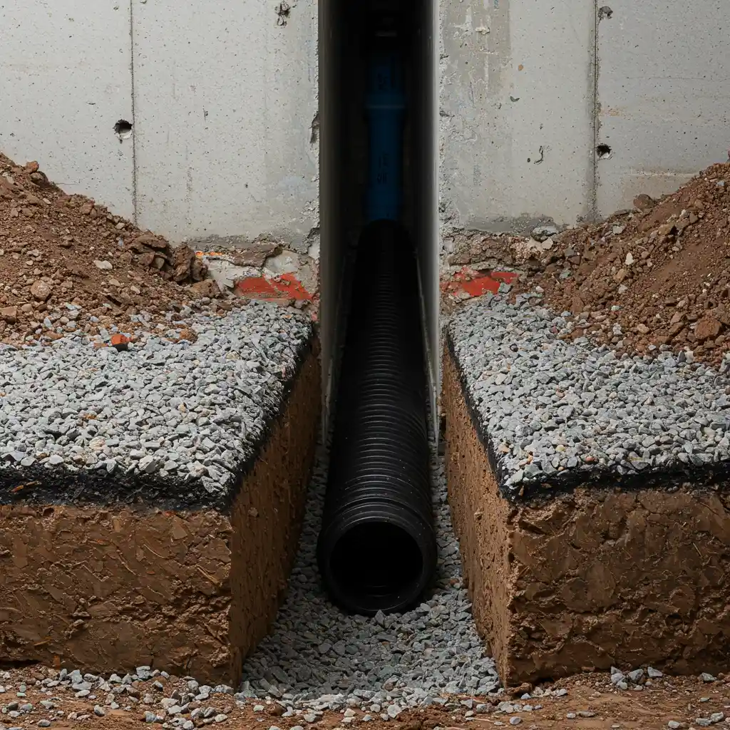 Installation d'un système de drainage périphérique avec tuyau perforé enrobé de géotextile et couche de gravier