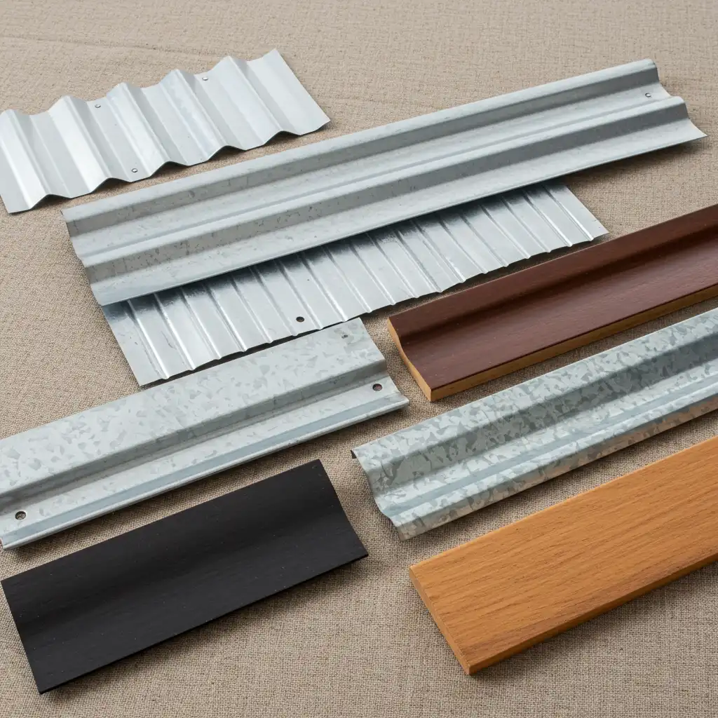 Échantillons de matériaux pour rive de toiture : zinc, aluminium, acier, PVC et bois