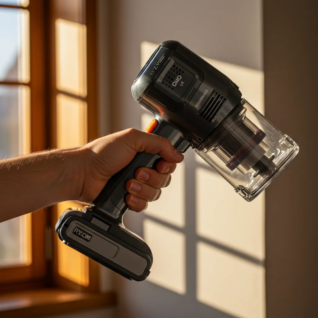 Gros plan sur la prise en main légère de l'aspirateur balai avec éclairage naturel