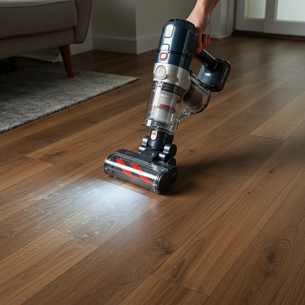 Aspirateur balai en utilisation sur parquet avec le LED allumé révélant la poussière