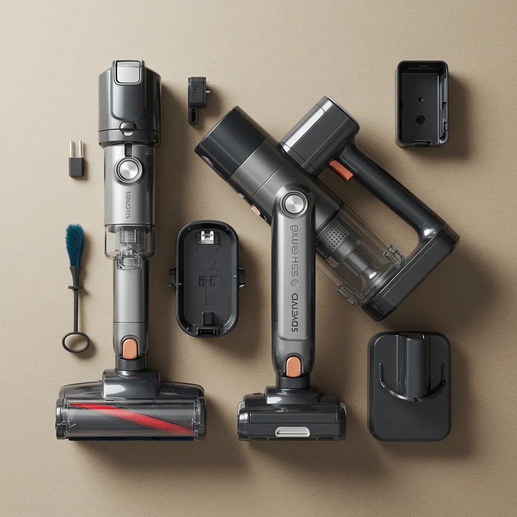 Vue de dessus des différents éléments et accessoires de l'aspirateur Rowenta X-Pert 6.60
