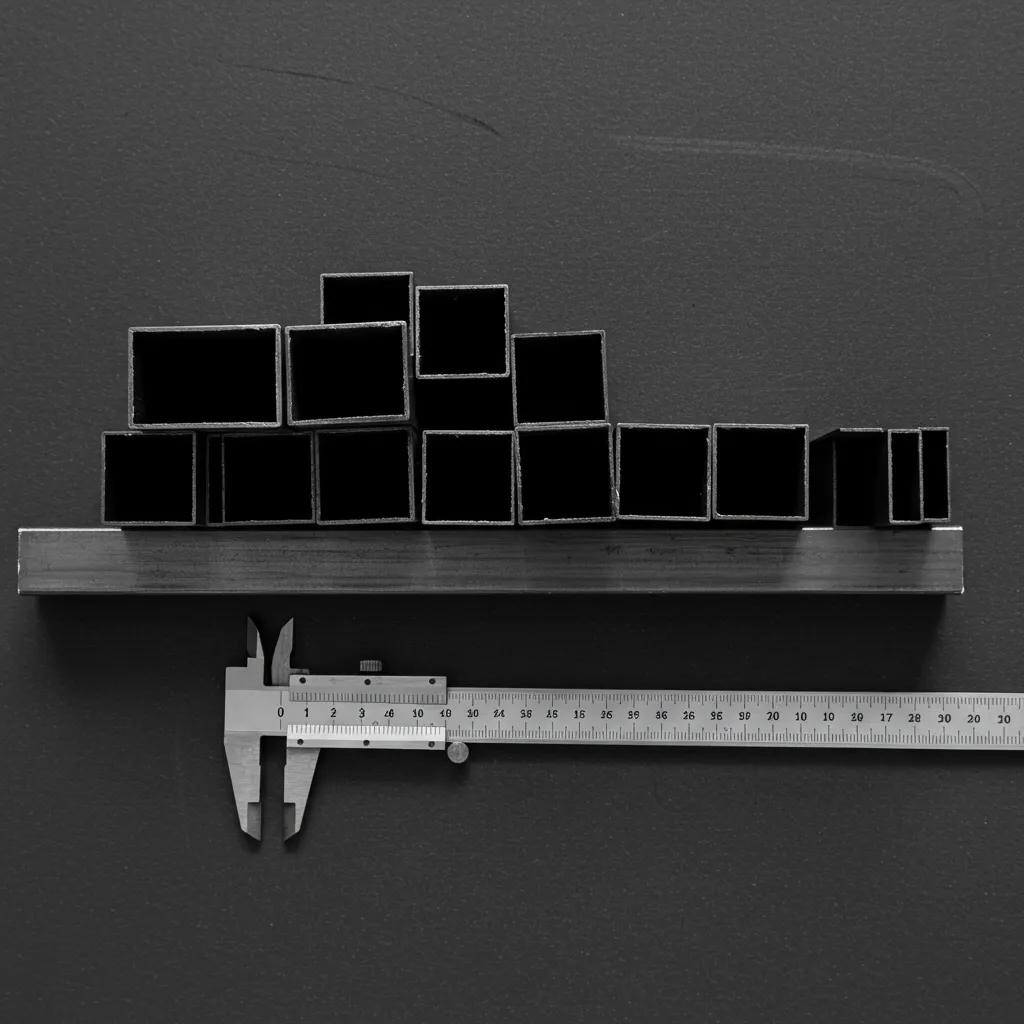 Tubes carrés acier avec outils de mesure montrant les dimensions et l'épaisseur de paroi