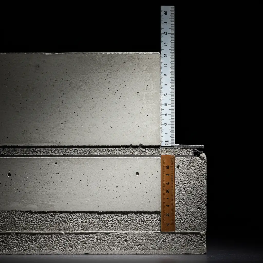 Gros plan technique d'une coupe de mur en béton montrant la profondeur et la structure interne