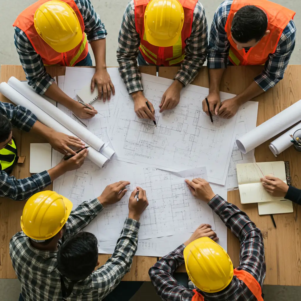 Équipe de construction examinant les plans techniques et documents de saignée de mur