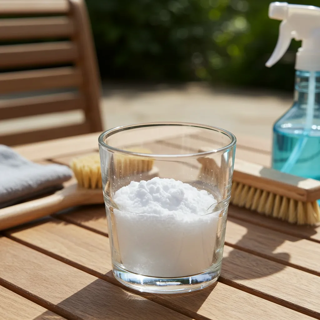 Bicarbonate de soude en train de se dissoudre dans un verre d'eau chaude avec une brosse et un pulvérisateur posés sur une table de jardin
