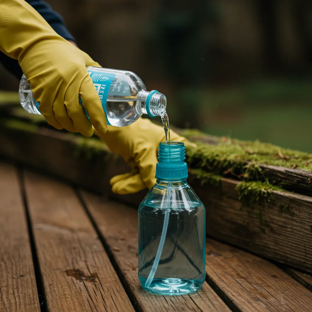 Mains gantées versant du vinaigre blanc dans un pulvérisateur de jardin sur une terrasse en bois avec de la mousse en arrière-plan