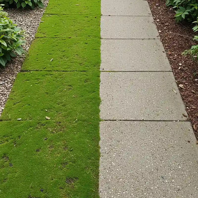 Allée de jardin en béton montrant une moitié couverte de mousse verte et une moitié propre après traitement naturel