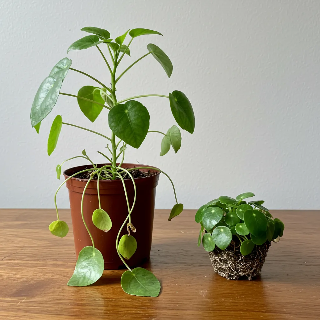 Comparaison entre un pilea qui stagne avec des tiges étiolées et fines et un pilea sain aux feuilles rondes et denses