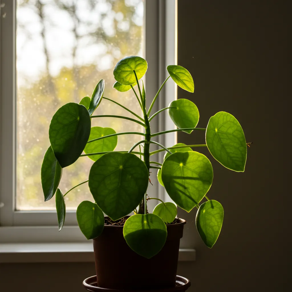Pilea placé à bonne distance d'une fenêtre orientée est, baigné par la lumière naturelle du matin pour favoriser sa reprise de croissance