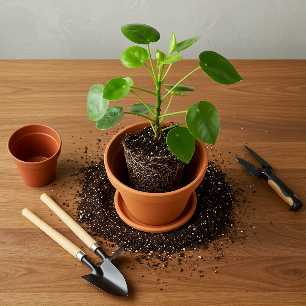Rempotage d'un pilea dans un nouveau substrat enrichi en perlite pour relancer sa croissance et améliorer le drainage