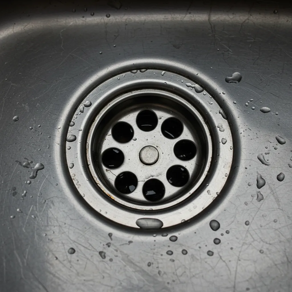 Gros plan sur un siphon d'évier de cuisine encrassé, principale source d'infestation de larves de mouches dans les foyers