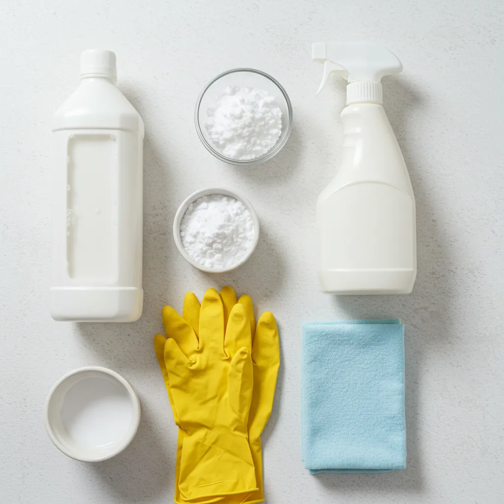 Produits ménagers naturels pour éliminer les asticots : vinaigre blanc, bicarbonate de soude, gants et spray désinfectant