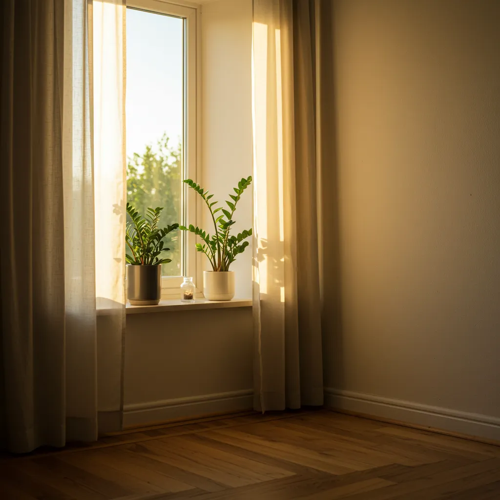 Intérieur de maison baigné de lumière dorée et de plantes vertes, évoquant la transformation spirituelle et la purification symbolique