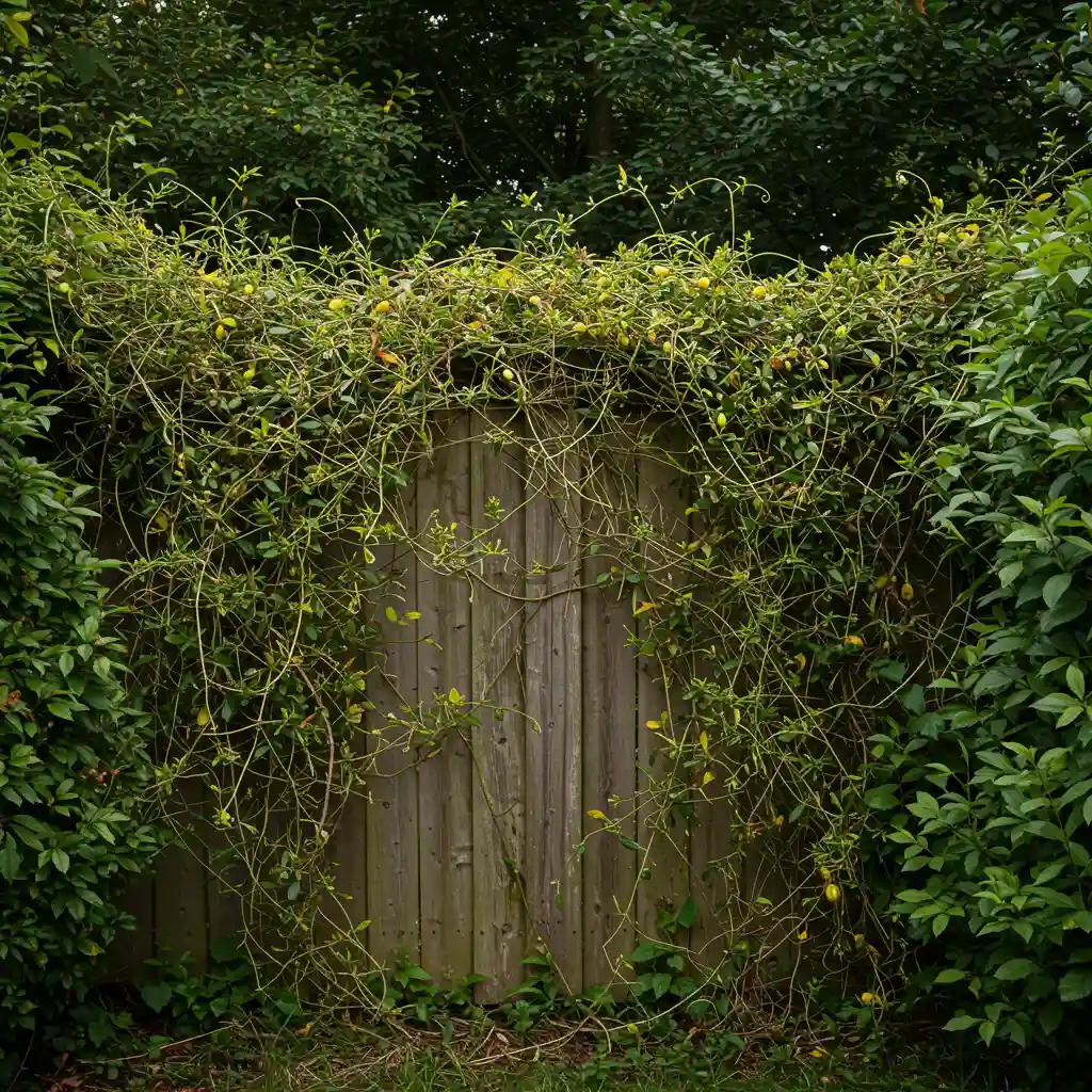 Tiges et stolons de bignone envahissant une clôture de jardin et étouffant les plantes voisines, illustrant le caractère invasif de la plante