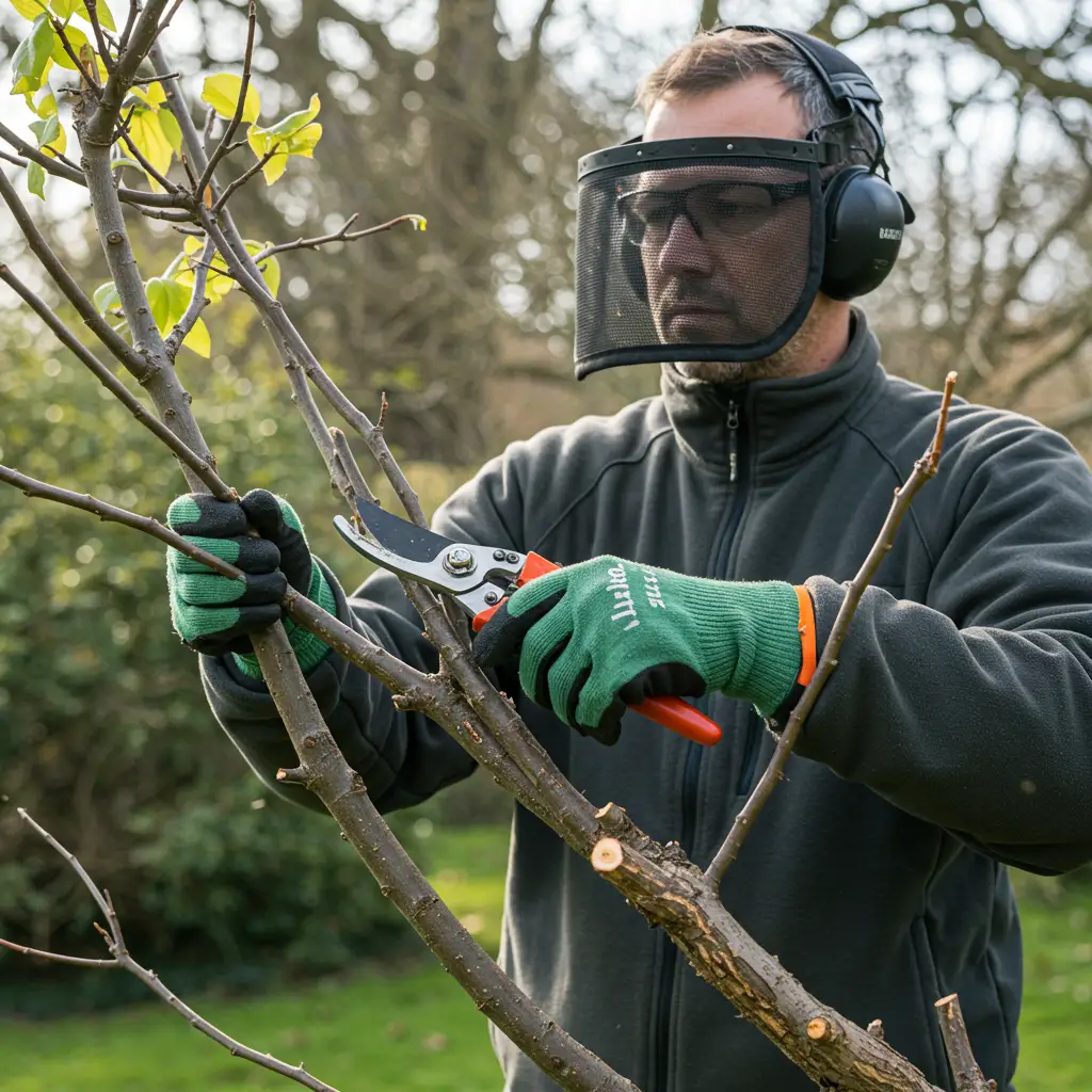 Jardinier portant des gants et lunettes de protection lors de la taille de la bignone, illustrant les précautions nécessaires face à la plante allergisante