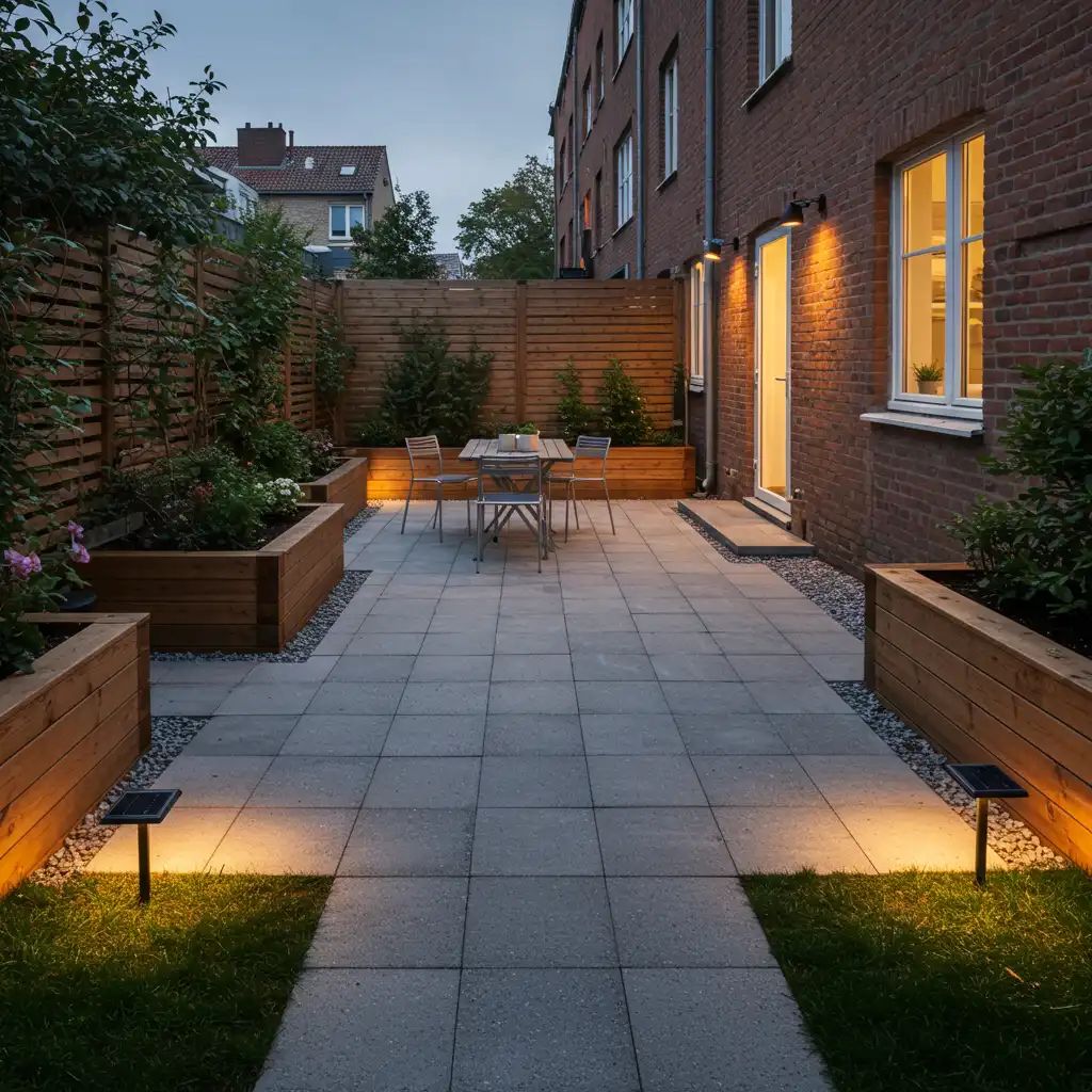 Petite cour urbaine aménagée avec dalles décoratives, bacs en bois, mobilier aluminium et éclairage solaire