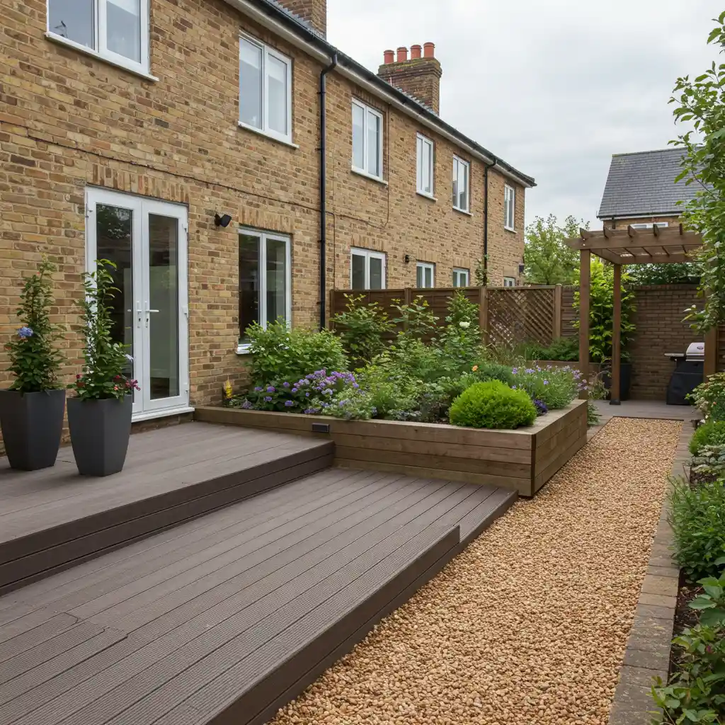 Cour de 40 m² aménagée en zones distinctes avec terrasse composite, massifs végétaux et pergola