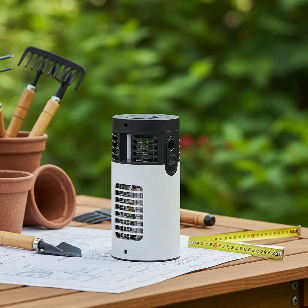 Piège à moustiques posé sur une table de jardin avec des outils de jardinage, illustrant la préparation avant achat
