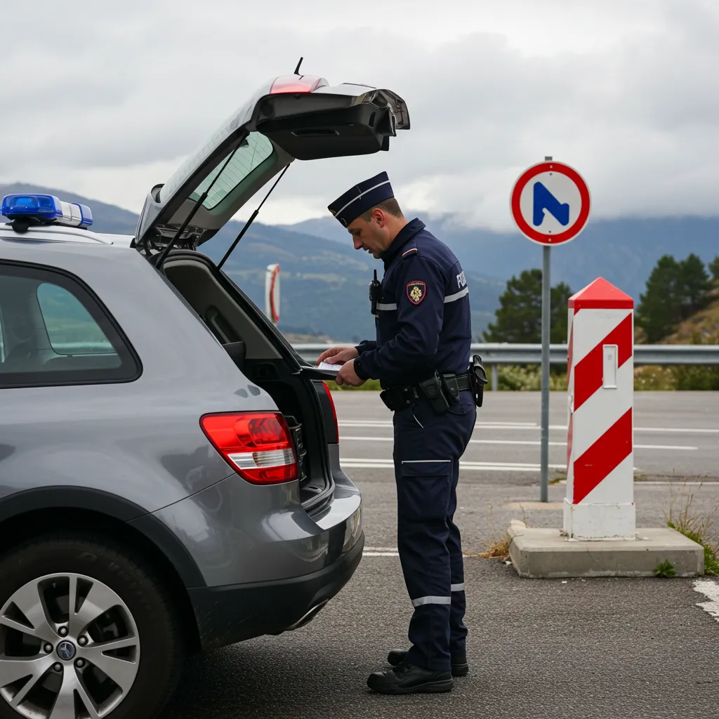 Contrôle douanier à la frontière franco-espagnole dans les Pyrénées illustrant les risques juridiques liés à l'importation de glyphosate