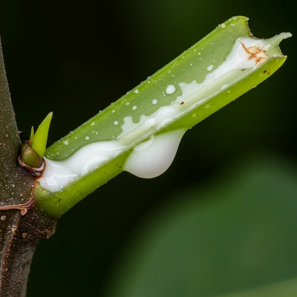 Latex blanc phototoxique s'écoulant d'une tige de figuier fraîchement coupée